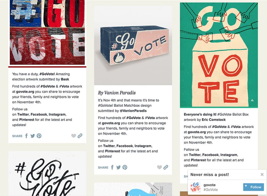 A screenshot a website that includes various artwork that all say "#govote" or "Go Vote".