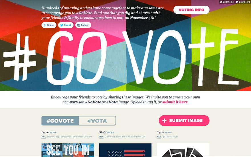 A screenshot of a website with the text "#GO VOTE" on a multi-colored background.