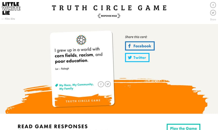 A screenshot of a website for the film Little White Lie that features a card with the text "I grew up in a world with corn fields, racism, and poor education.".