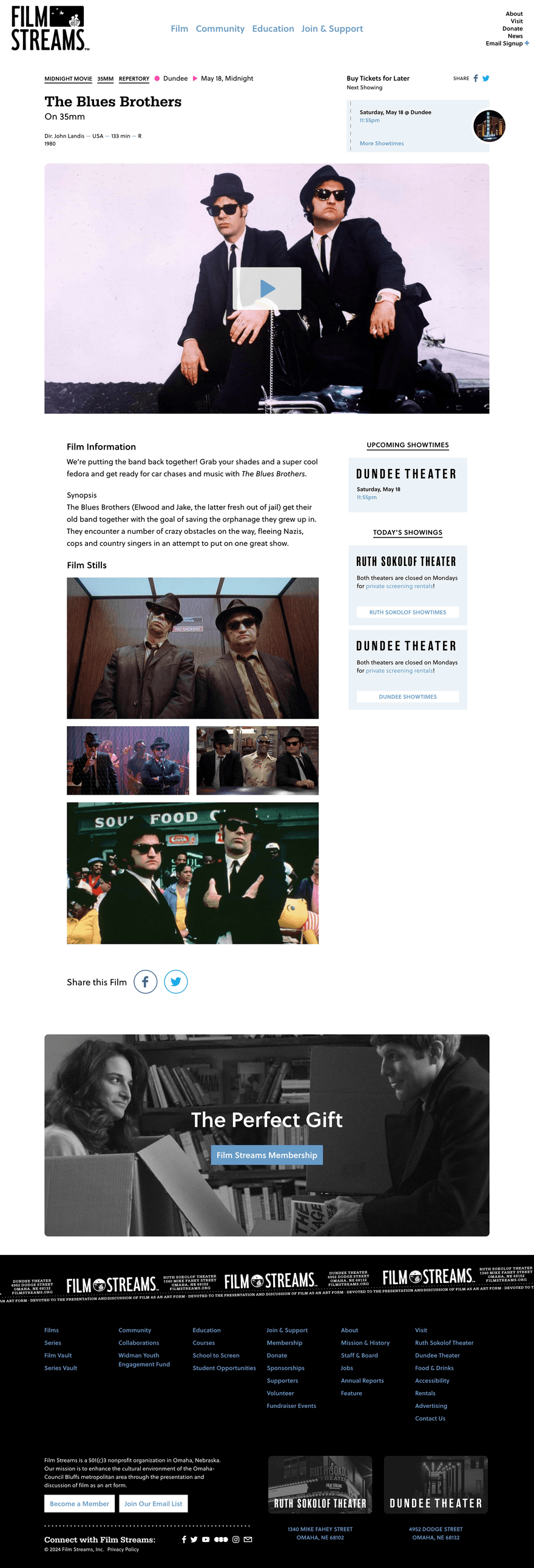 A screenshot of a web page for Film Streams featuring photos from the film Blues Brothers.