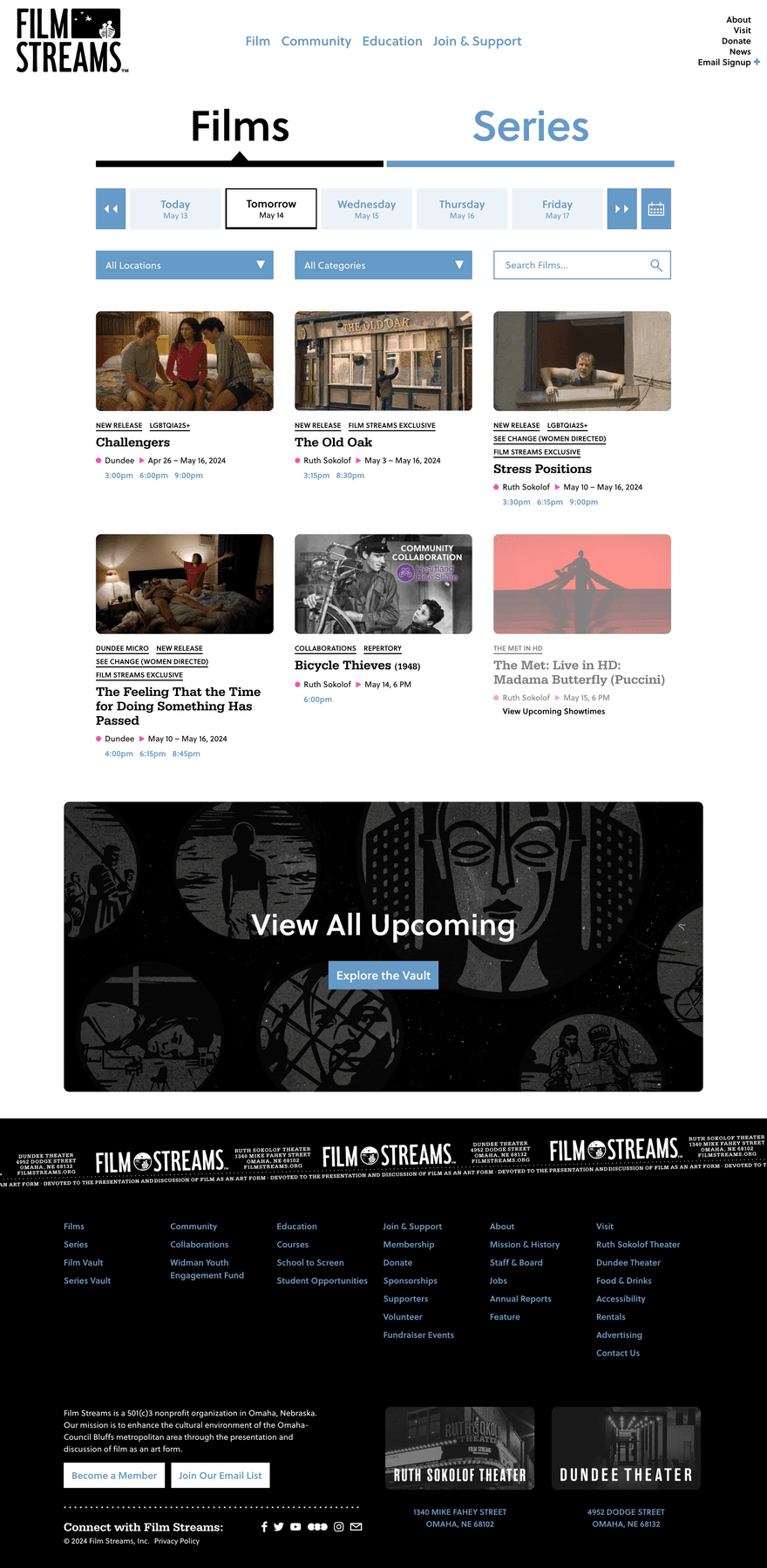 A screenshot of the Films page from the Film Streams website featuring various films and showtimes.